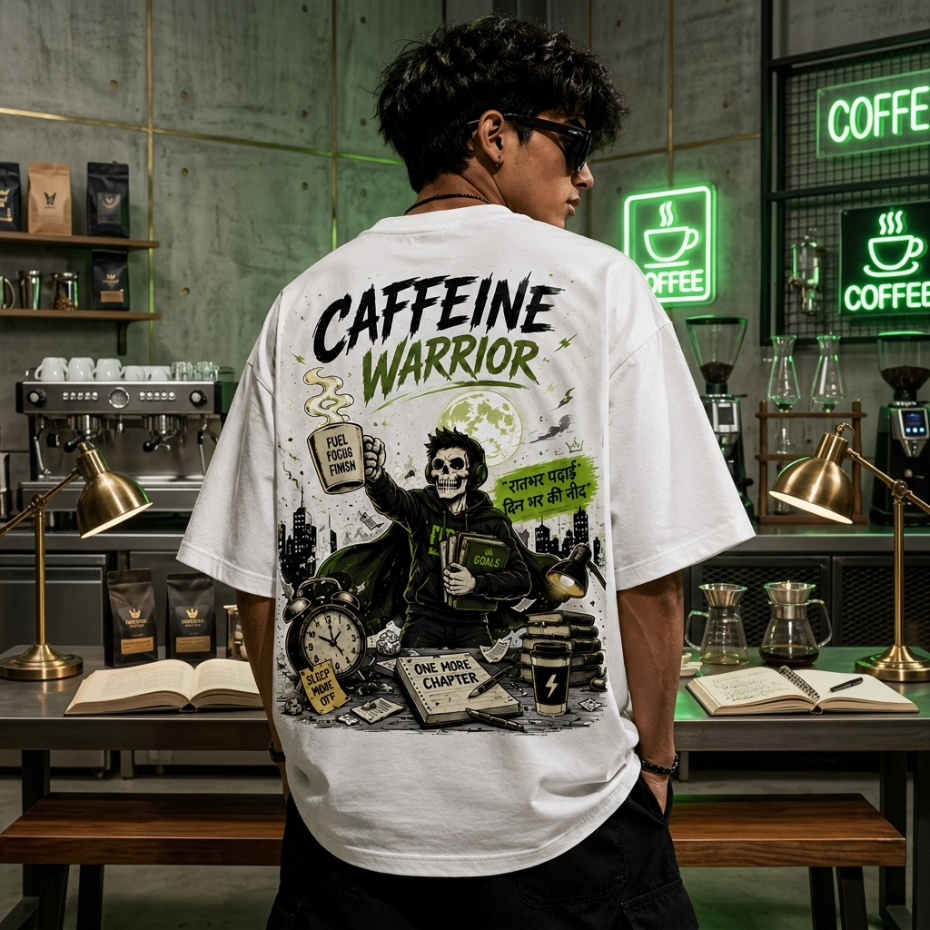 Caffeine Warrior Oversized T-Shirt | Graphic Back Print | Premium Cotton Streetwear Tee