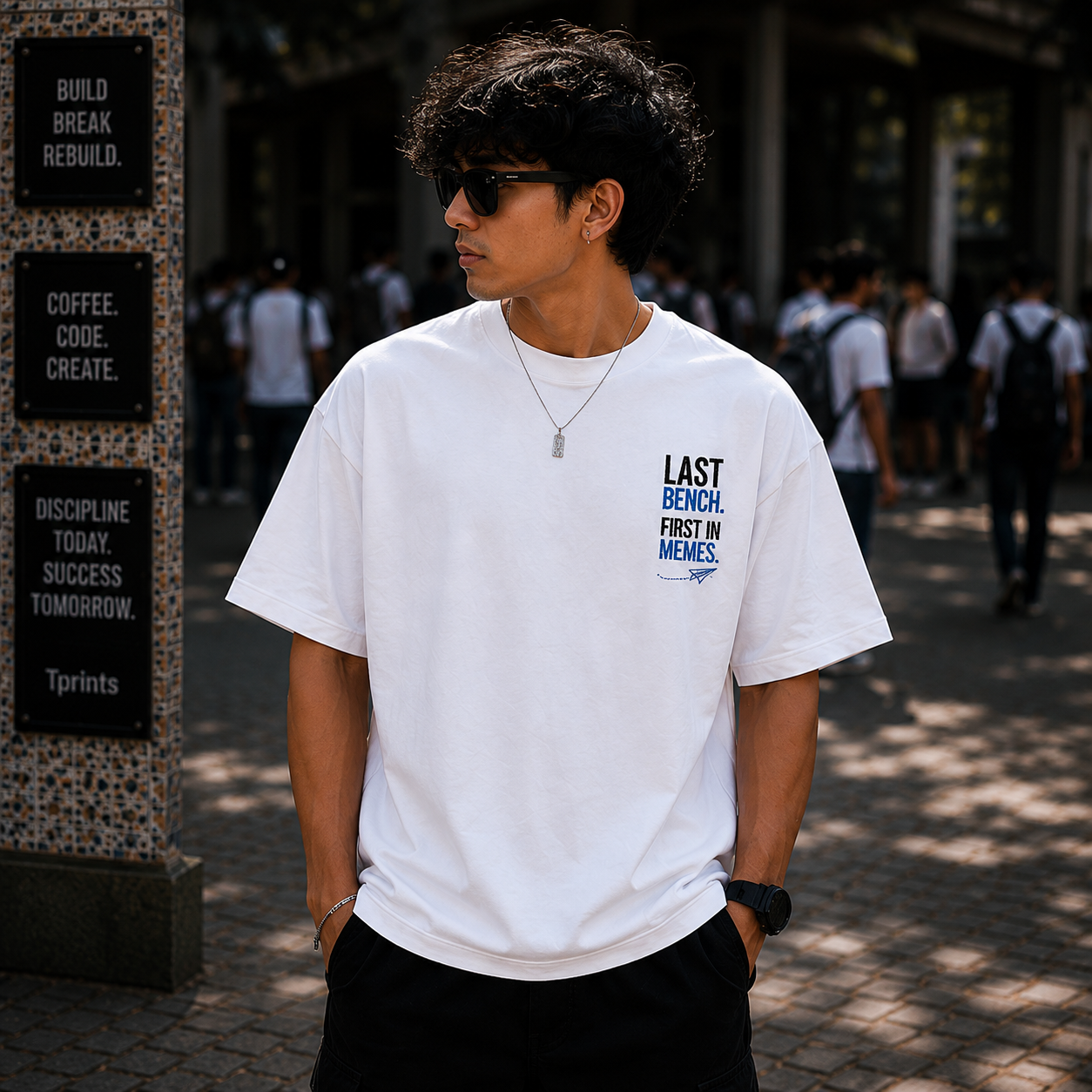 Last Bench. First In Memes. | Premium Oversized Cotton T-Shirt