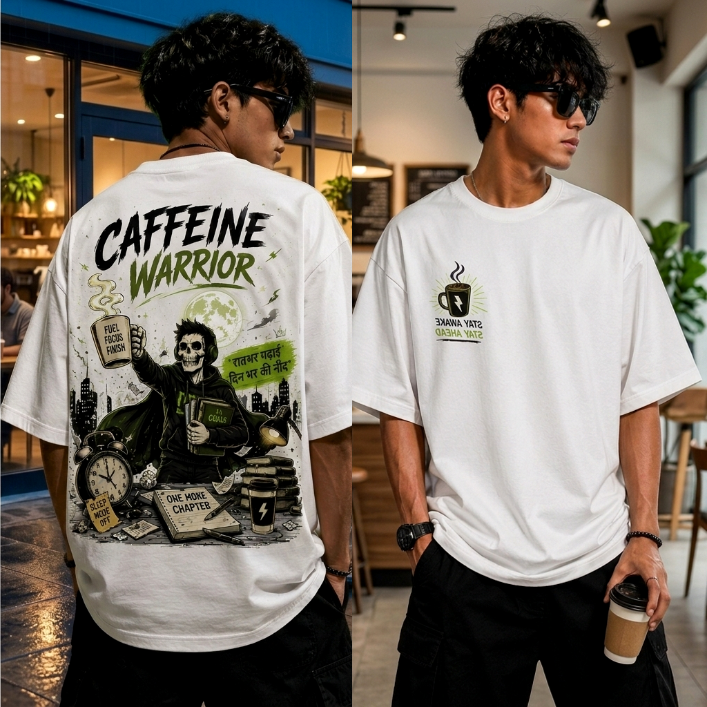Caffeine Warrior Oversized T-Shirt | Graphic Back Print | Premium Cotton Streetwear Tee