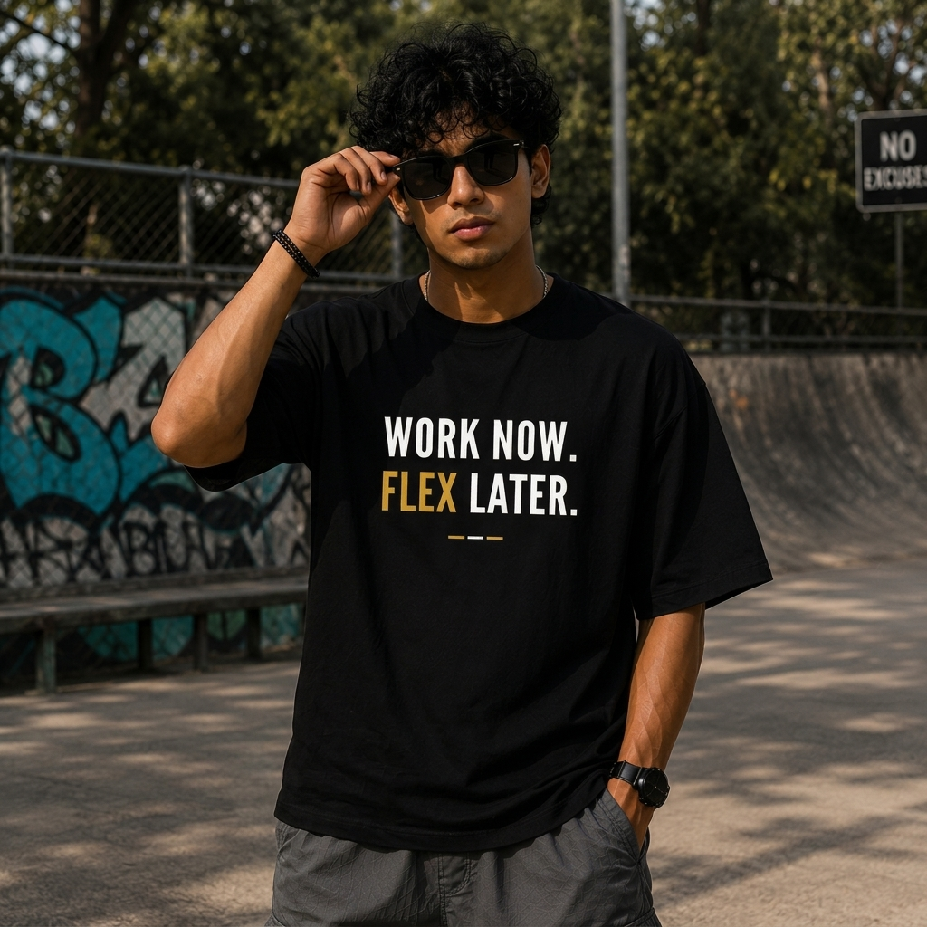 Work Now. Flex Later. Oversized T-Shirt | Minimal Motivation | Premium Cotton Tee